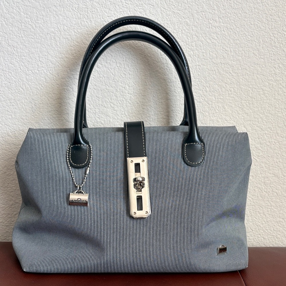 La Bagagerie Striped Black & White Handbag with Silver Hardware